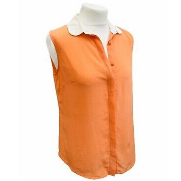 MASSIMO DUTTI SILK BUTTON DOWN SLEEVELESS SHIRT TANGERINE ORANGE WHITE COLLAR M - Picture 1 of 11